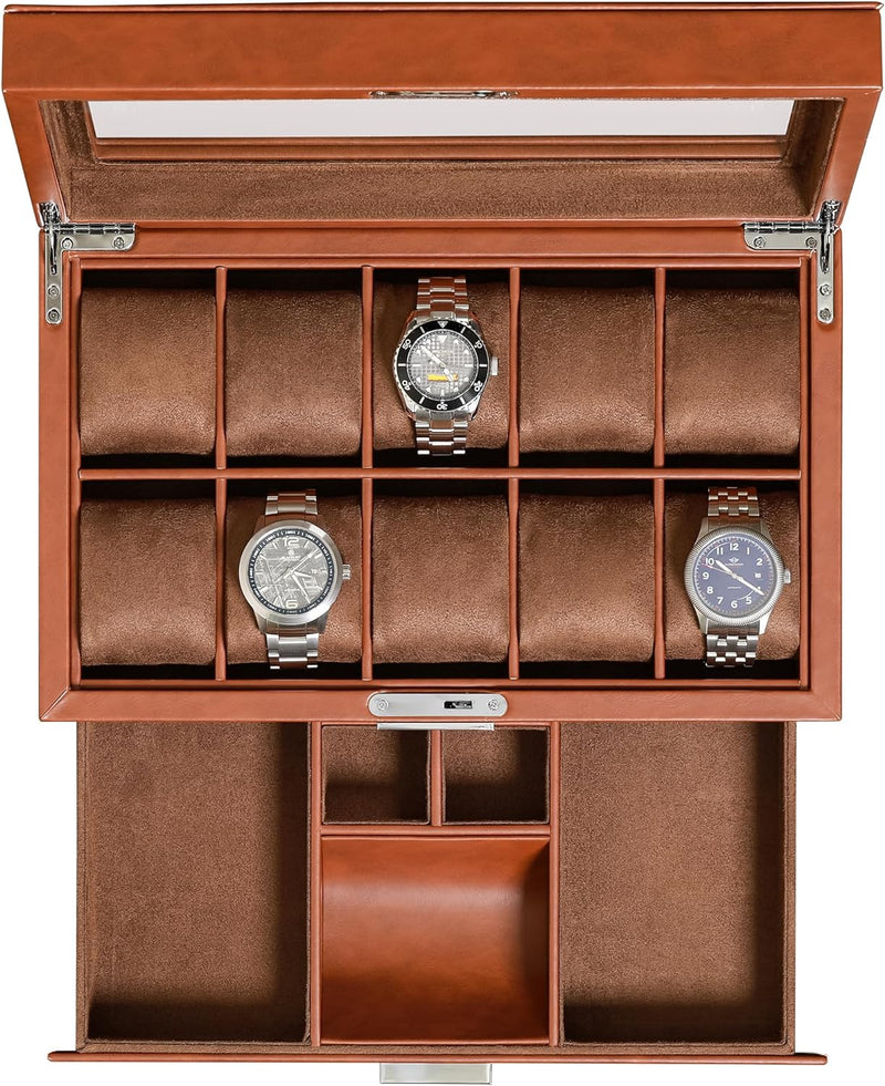 ROTHWELL Leder-Uhrenbox mit 10 Fächern, Luxus-Uhrenetui, Display-Organizer, abschliessbarer Schmuck-