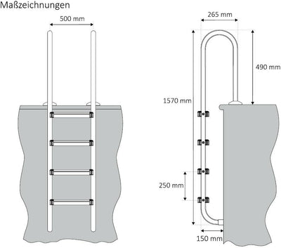 Zelsius V2A Edelstahl Poolleiter mit 4 Stufen | 50 x 26,5 x 157 cm - Silber | mit Rutschsicherung |