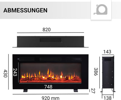 BALDERIA Elektrokamin Leif 36'' | Elektrischer 3 in 1 Stand-, Wand- oder Einbaukamin 3D-Flammeneffek