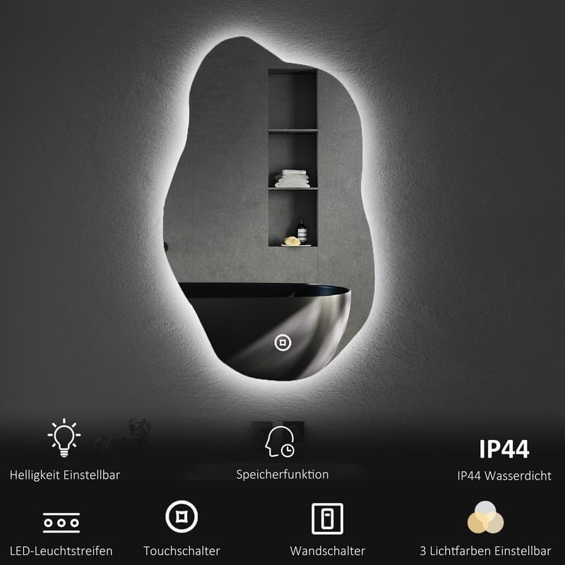 Boromal Asymmetrischer Badspiegel mit Beleuchtung 52x85cm Asymmetrischer Spiegel mit Beleuchtung Spi