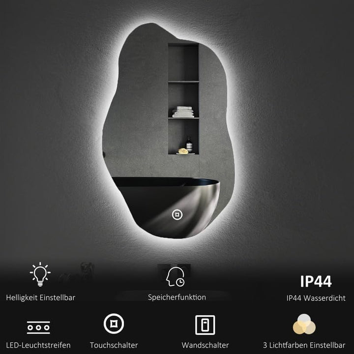 Boromal Asymmetrischer Spiegel mit Beleuchtung 52x85cm Asymmetrischer Badspiegel mit Beleuchtung LED