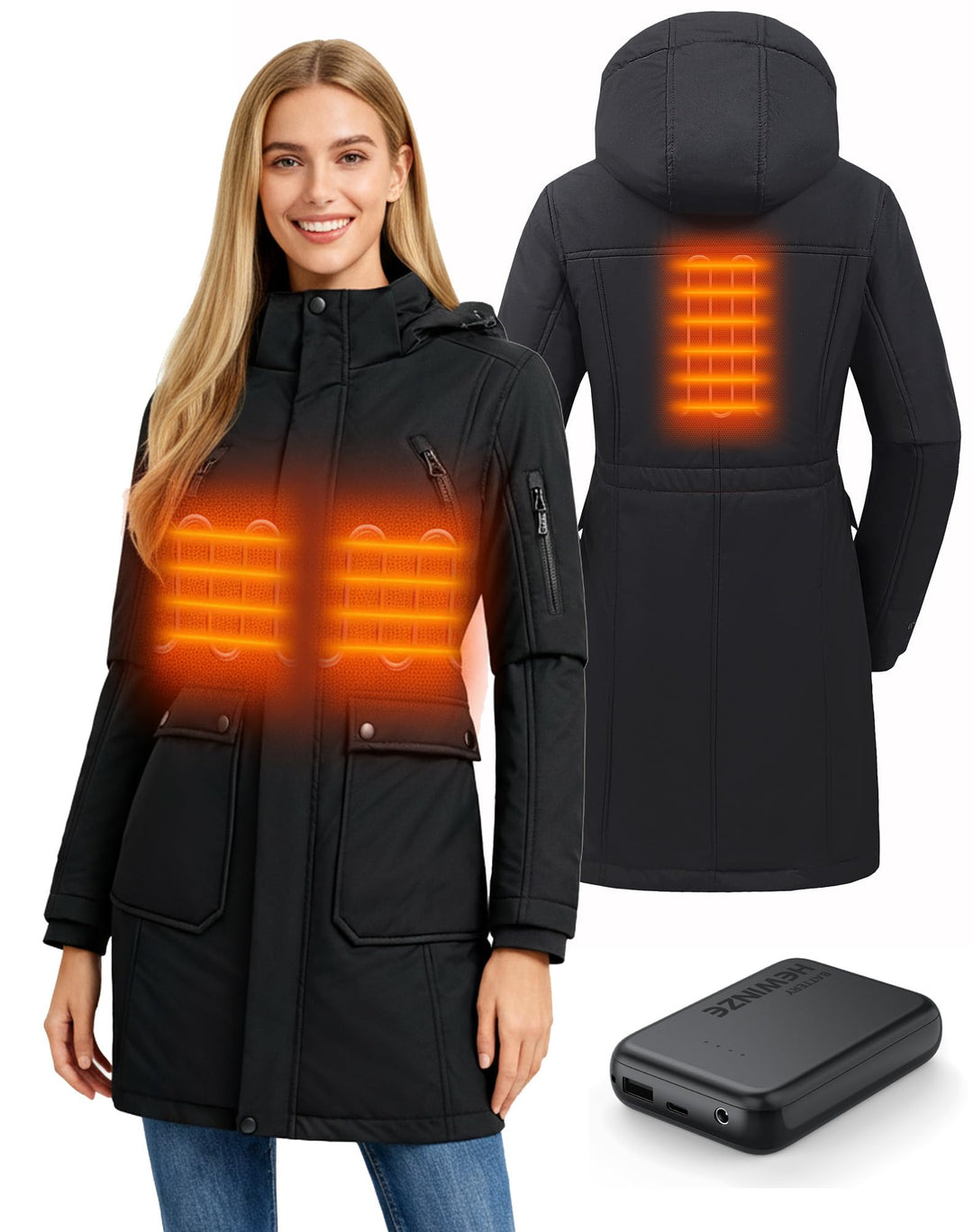 HEWINZE Beheizter Puffermantel mit Kapuze für Damen – Elektrische Dual-Control-Heizjacke mit 7,4-V-A