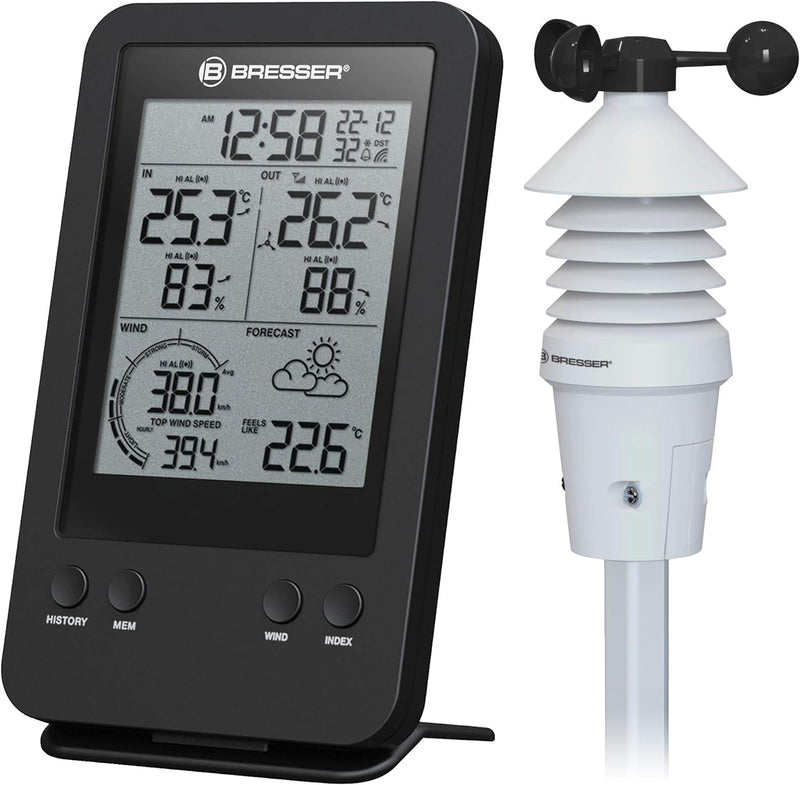 Bresser Wetterstation Funk mit Aussensensor 3-in-1 Profi Windmesser mit Anzeige für Windgeschwindigk