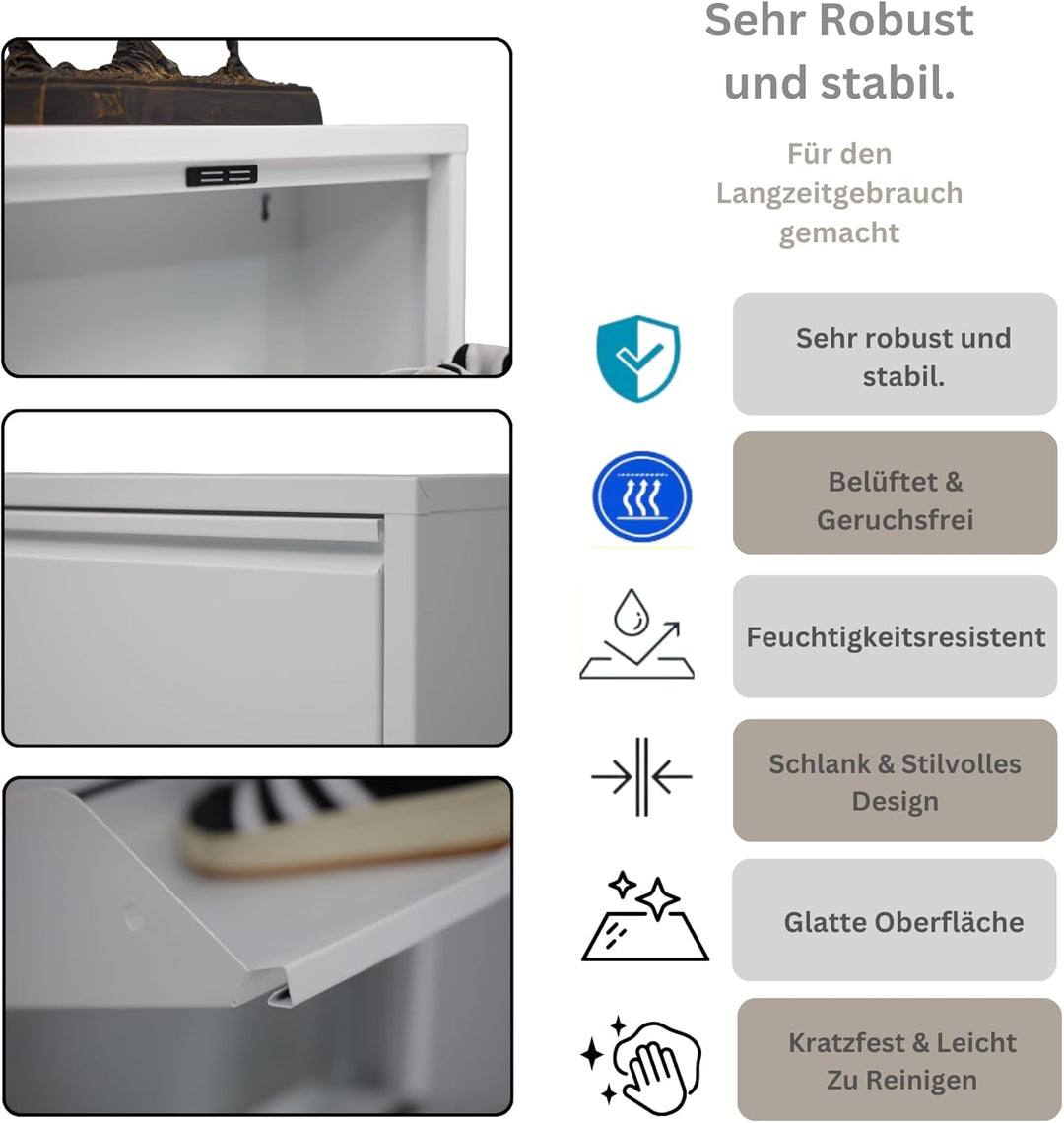 furni24 Schuhschrank Schmal – Platzsparender Metall-Schrank mit Magnetklappen, Platz für 6-10 Paar S