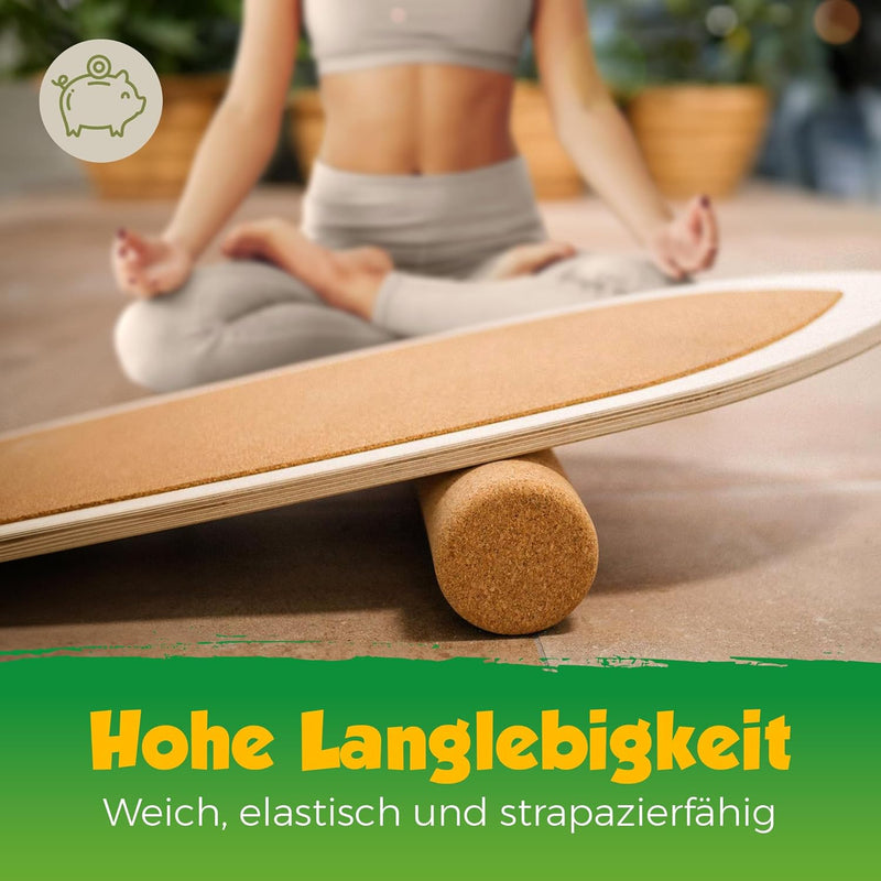 Balance-Board mit Korkpads & Korkrolle | 70 x 30 cm | Gleichgewichtsbrett | Wackel-Brett | Koordinat