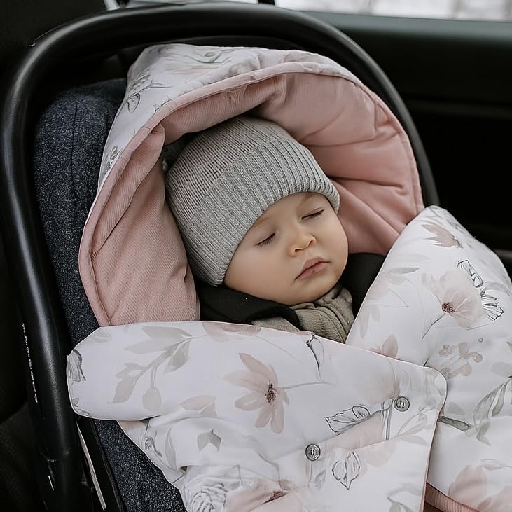 BABEES© Wattierte Einschlagdecke mit Füllung für Babyschale Autositz, Universal,V warm Minky VBaby D