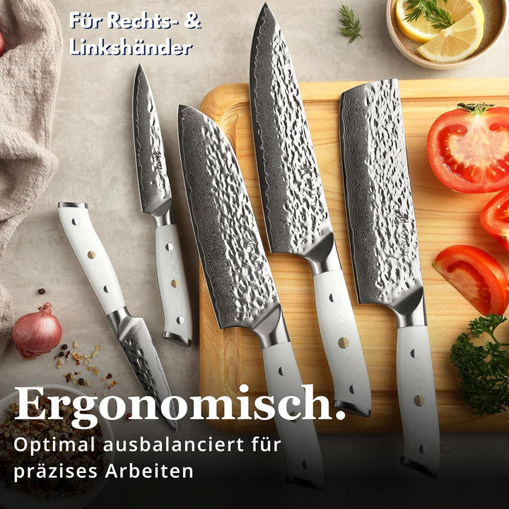 Wakoli Perle Blanche Damastmesser-Set mit Messerblock | 5-teilig, 9–20 cm Klingen aus 67 Lagen Damas