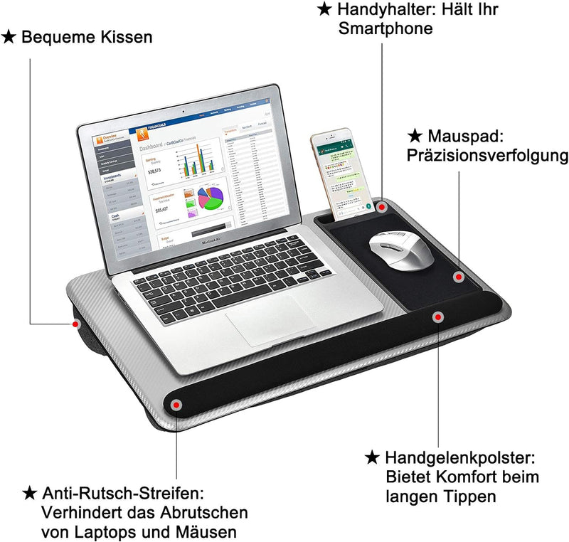 Modazon Laptopkissen für Bett mit Kissen，Laptop Unterlage Zubehör Couch mit Mausunterlage and Handge