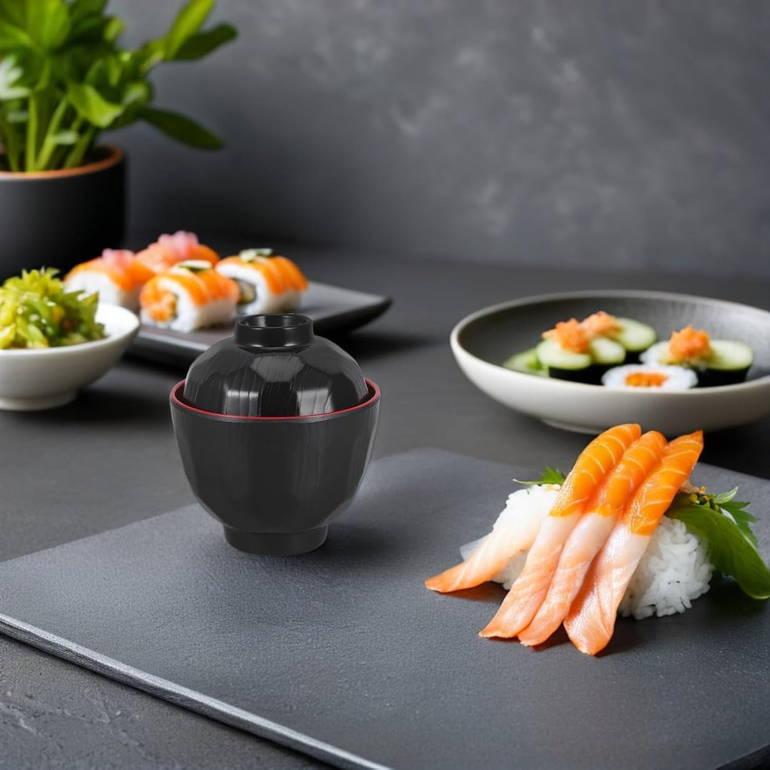 Supvox Japanische Reisschalen mit Deckel 2 Stück 180ml aus Kunststoff | Schwarz, Mikrowellengeeignet