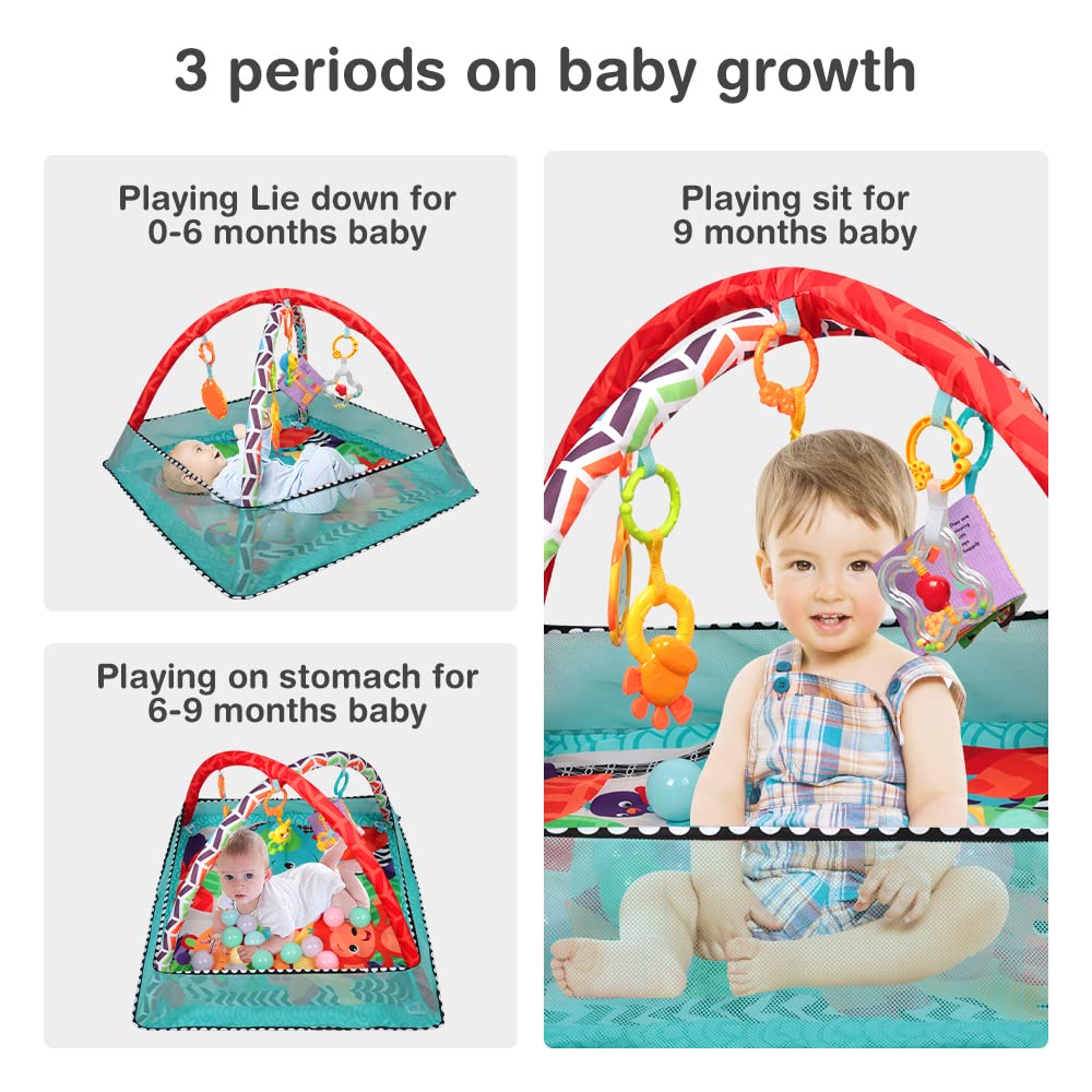 3 in 1 Schildkröte Spieldecke Baby Spielmatte mit Spielbögen Bälle Bällebad Krabbeldecke Erlebnisdec