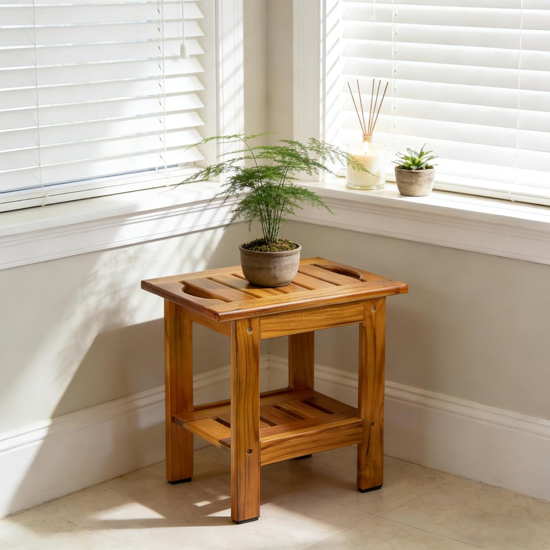 Utoplike Teak-Duschbank, kompakter Duschhocker mit Ablage und Griff, Kleiner zweistufiger Holzsitz m
