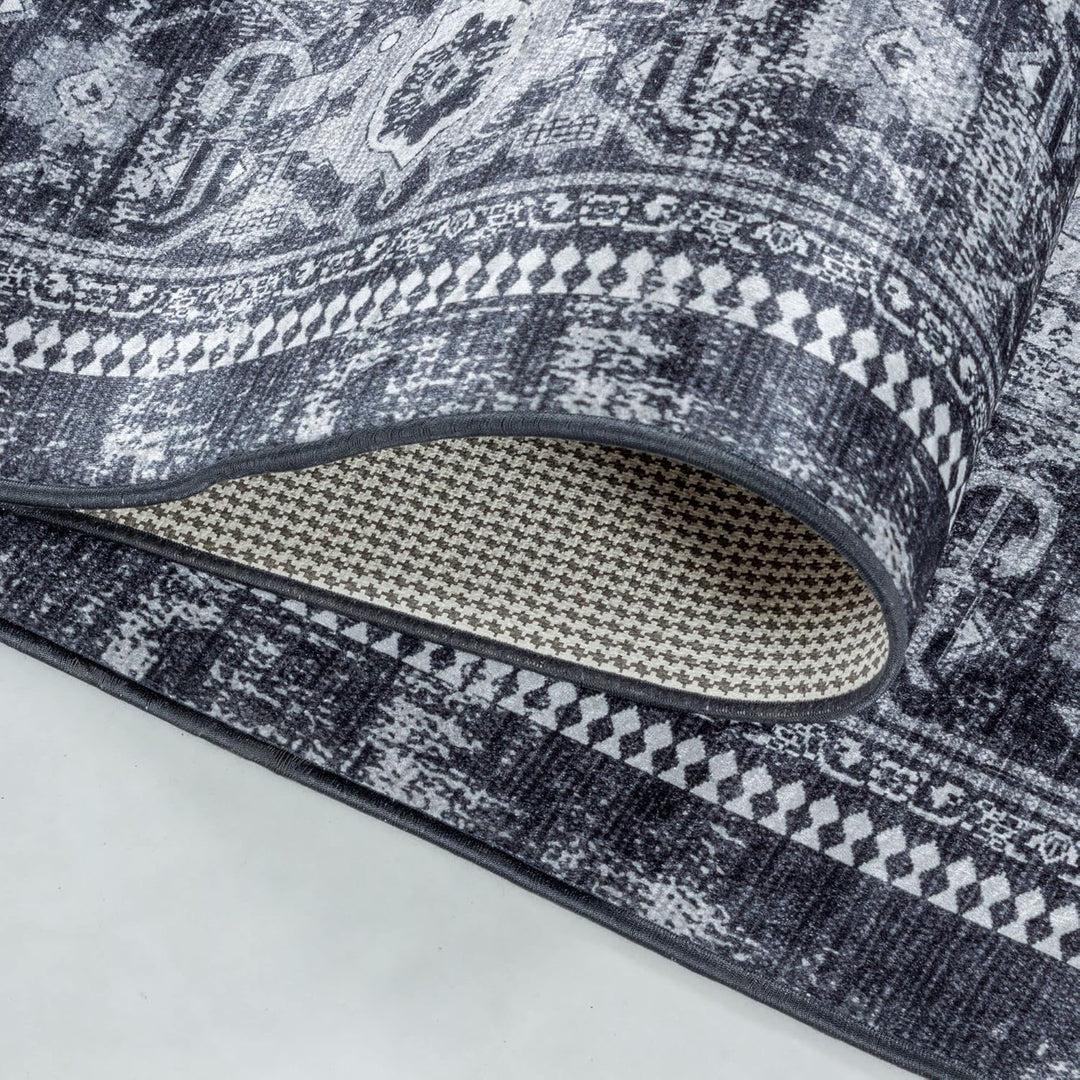 Waschbarer Teppich, Didigitaldruck Orientteppiche, Rechteckig, Schwarz - Grau - Weiss Farbe, Flachge