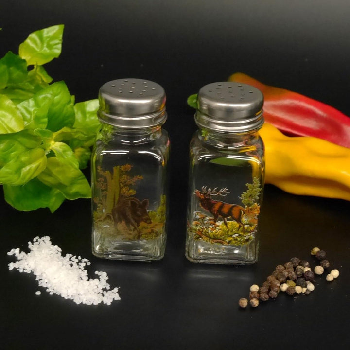 GTK - Geweihe & Trophäen KRUMHOLZ Salz & Pfeffer Streuer Set mit farbigen Jagdmotiv