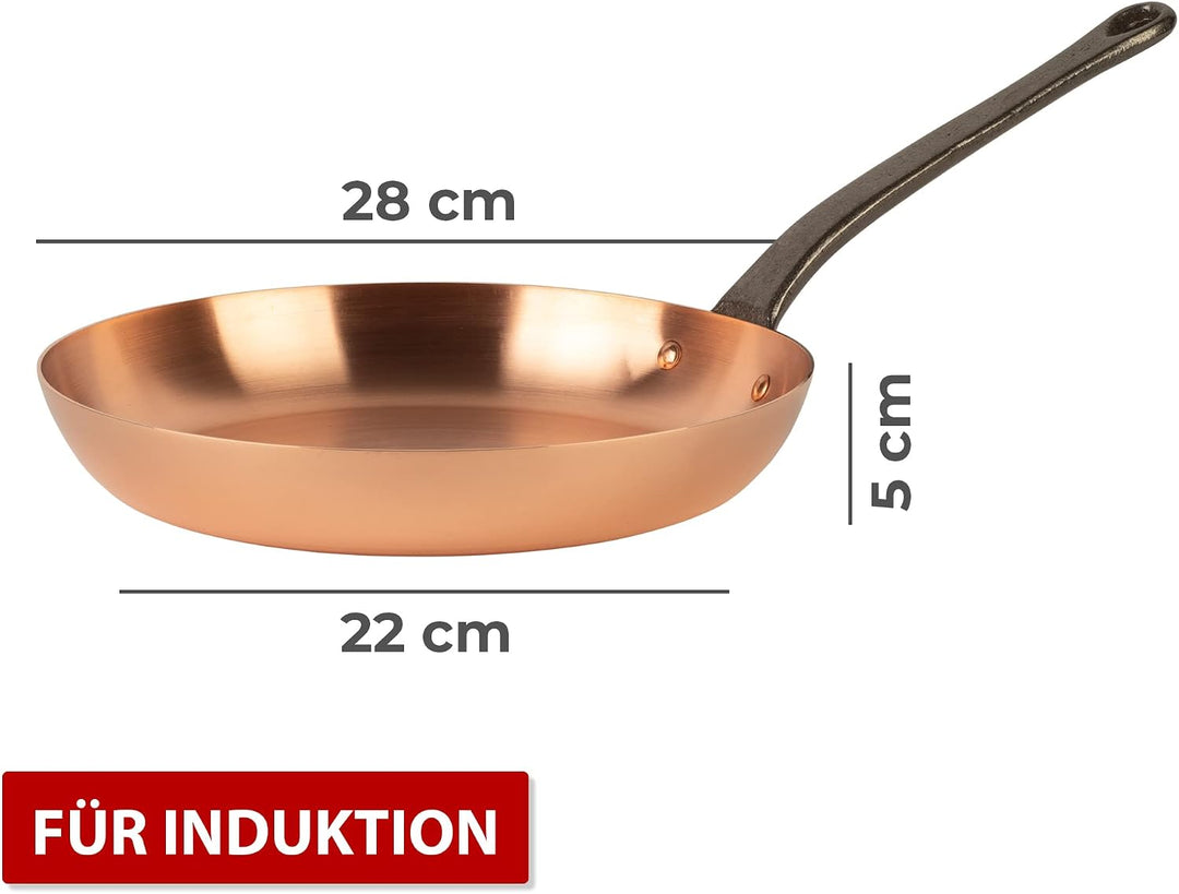 reine Kupferpfanne Ø 28cm dickwandig | Pfanne aus massivem Kupfer ohne Beschichtung (L | für indukti