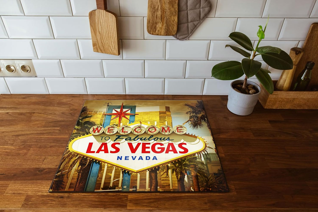 Las Vegas Ortseingangsschild Herdabdeckplatte & Spritzschutz aus Echtglas | Für Herd-Kochfelder | 60