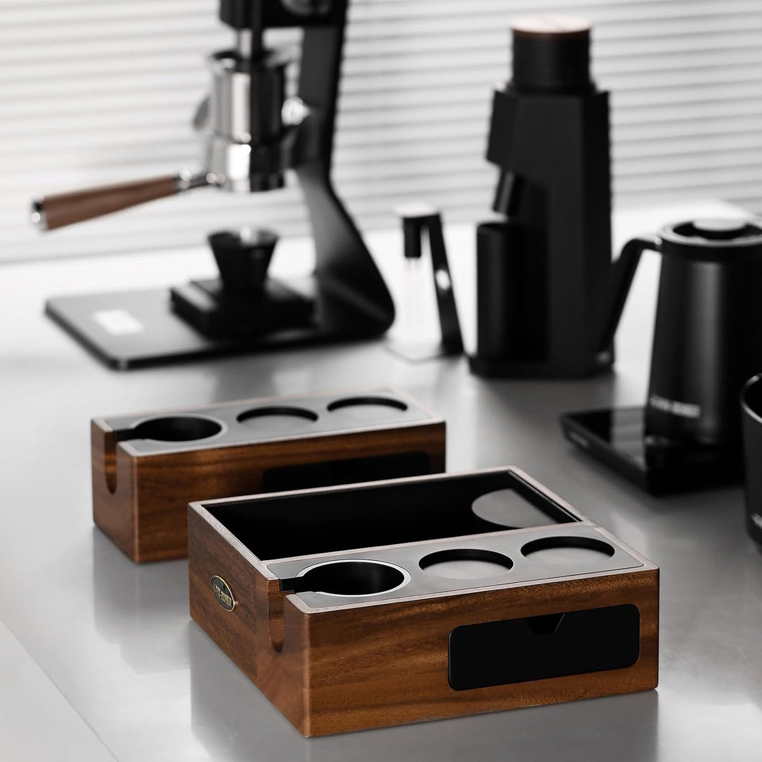 MHW-3BOMBER Espresso-Tampingstation, 4-in-1 Walnuss-Espresso-Organizer-Box mit magnetischer Schublad