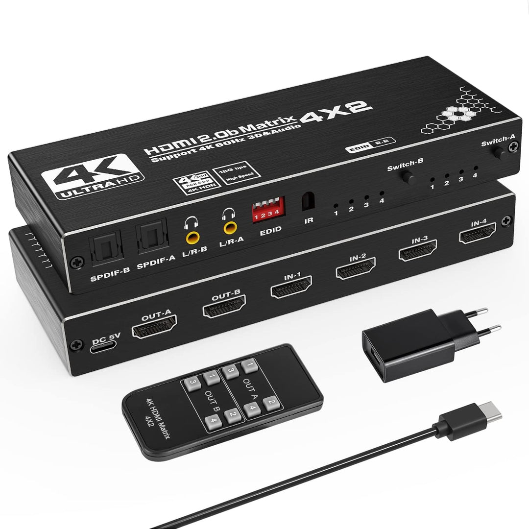 HDMI Matrix 4x2 - Tendak 4 In 2 Out HDMI Switch Matrix 4K@60Hz HDMI Splitter Umschalter + Optisch SP