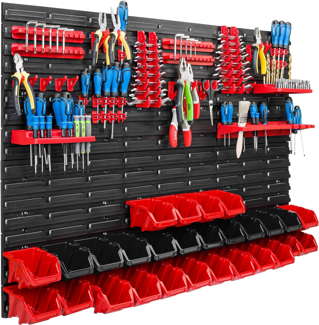 Lagersystem Werkstattregal | 117 x 78 cm | 28 stck. Box | Wandregal mit Werkzeughalterungen und Stap