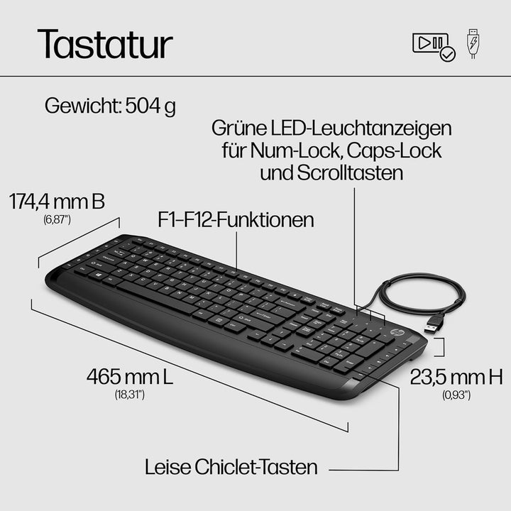 HP Pavilion Kombi Tastatur und Maus 200 (QWERTZ, kabelgebunden, 1.600 DPI, USB-Anschluss) schwarz