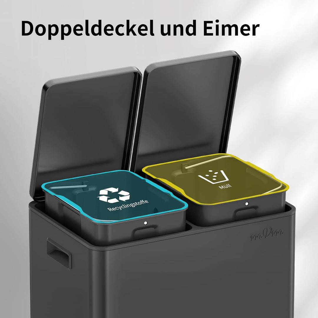 mVm Mülleimer Küche,40 Liter Treteimer,2 x 20 Liter Treteimer, 2 Fächer, Mülltrennsystem, Abfalleime