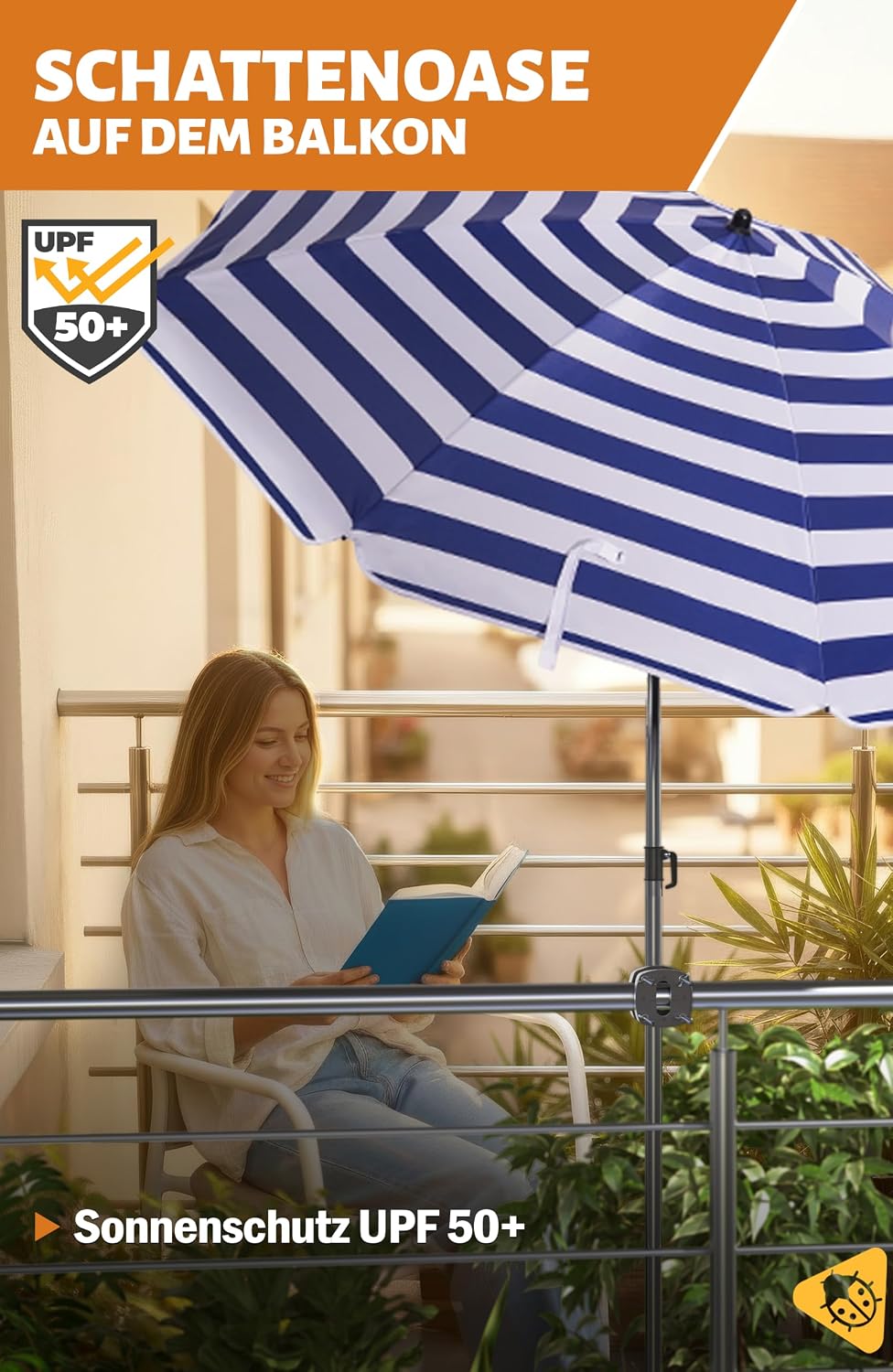 4smile Sonnenschirm Balkon 3-in-1 SET SunnyJoy, Blau-Weiss - UPF 50+ Sonnenschirm Ø 180 cm + Sonnens