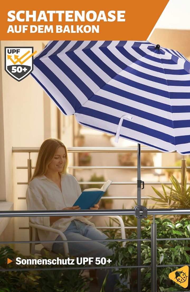 4smile Sonnenschirm Balkon 3-in-1 SET SunnyJoy, Blau-Weiss - UPF 50+ Sonnenschirm Ø 180 cm + Sonnens