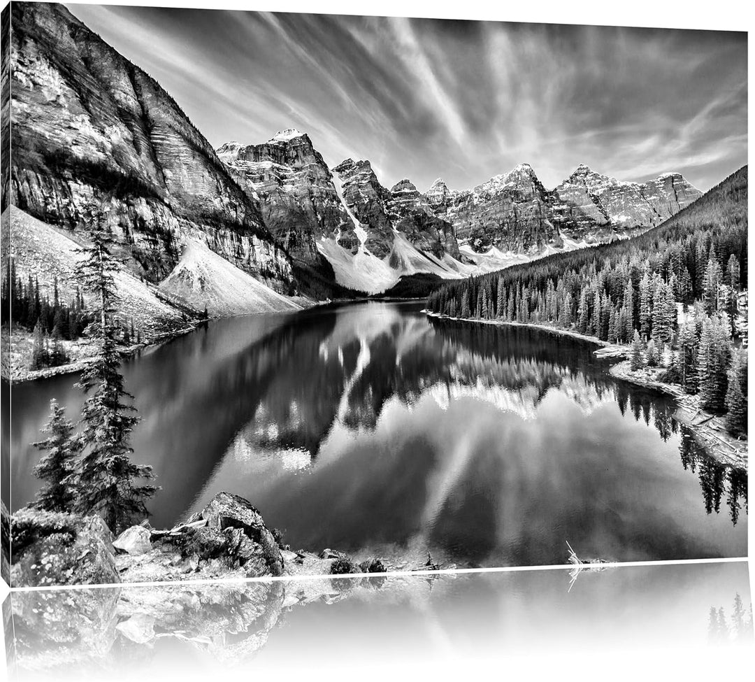 Monocrome, Bergsee, Format: 100x70 auf Leinwand, XXL riesige Bilder fertig gerahmt mit Keilrahmen, K