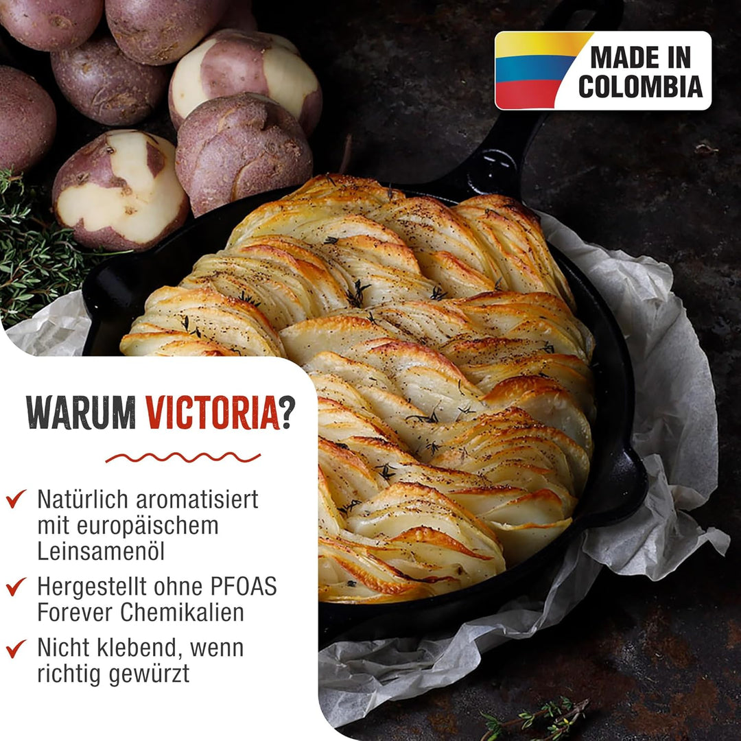 VICTORIA Bratpfanne Gusseisenpfanne Eingebrannte, Induction 30cm Geeignet für Feuer, Grill, Backofen