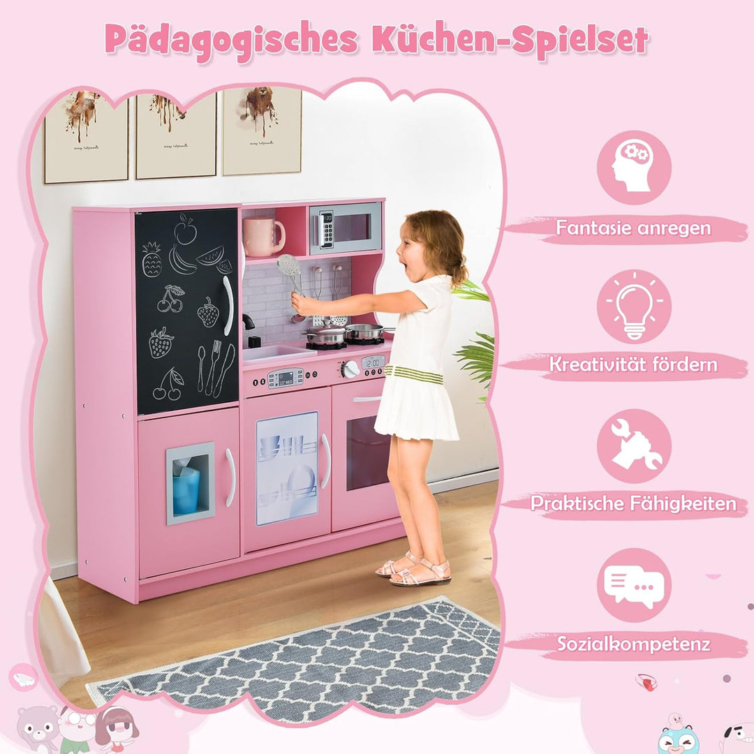 DREAMADE Kinderküche Holz mit Zubehör, Kinderspielküche Holzküche mit Herd Geschirrspüler Eismaschin