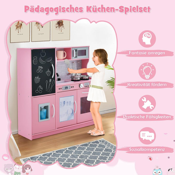 DREAMADE Kinderküche Holz mit Zubehör, Kinderspielküche Holzküche mit Herd Geschirrspüler Eismaschin