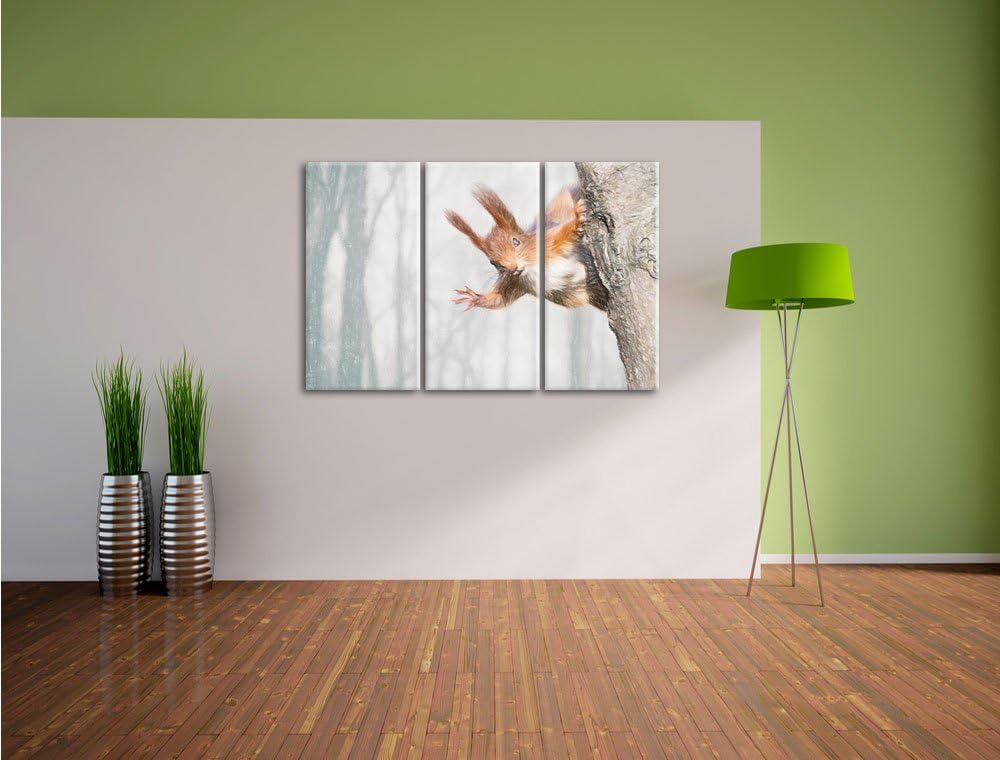 Pixxprint Neugierig rotes Eichhörnchen / 3-Teilig/Gesamtmass 120cm Leinwandbild bespannt auf Holzrah