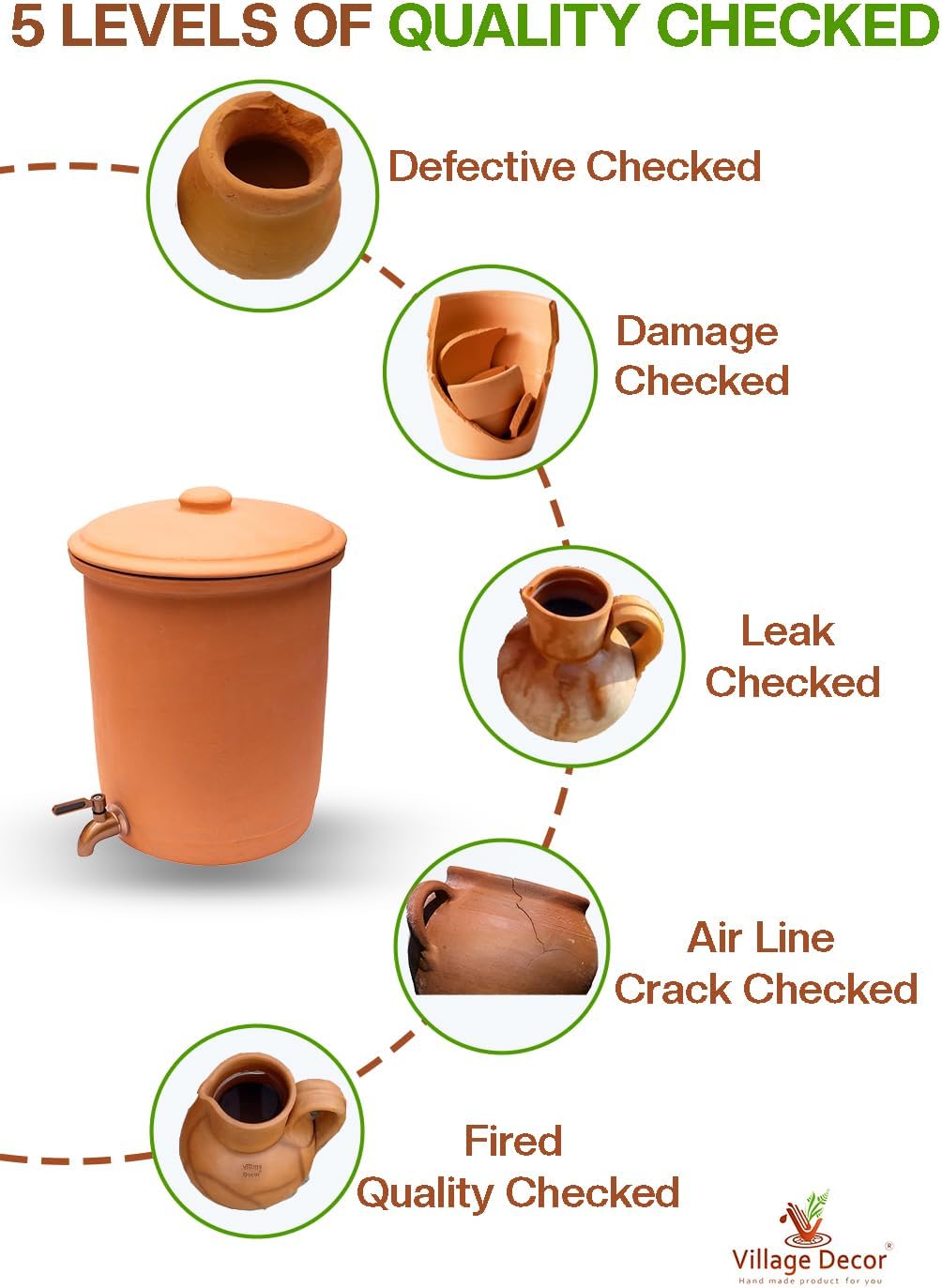 Village Decor Handmade Earthen Clay Water Pot with Stainless Steel Spigot and Lid/Beverage Dispenser