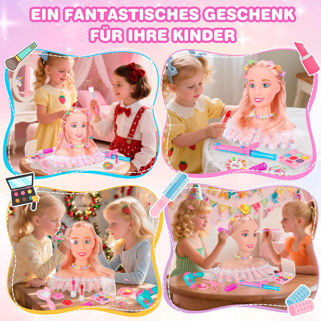 MOMOSTAR 58 Stück Frisierkopf Kinder Set, Schminkkopf für Mädchen, Puppenkopf Zum Frisieren Kinder m