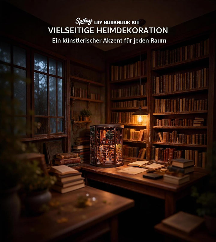 Spilay Book Nook, Runde Bibliothek DIY Miniature House | Mit LED, 3D-Puzzle, Bücherregal- &amp; Schreibt
