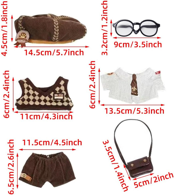 niannyyhouse 20 cm Plüschpuppe, Kleidung, Hut, Hemd, Weste, Hose, Krawatte, Rucksack, Brille, Briefb