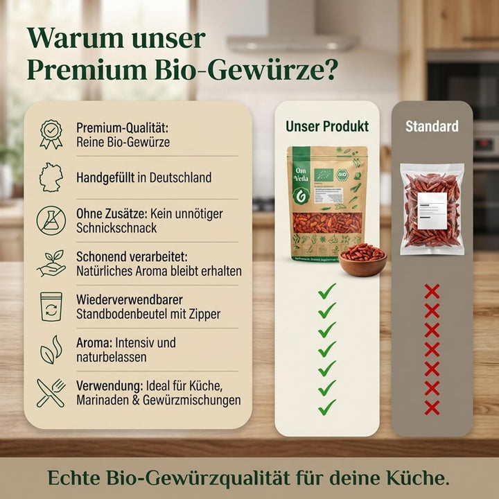 BIO Chilischoten | Birds Eye Chili Ganz | Sehr Scharf Schärfegrad 9 | Rote Getrocknete Chili Schoten