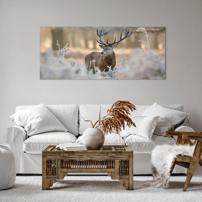 Wandbilder Dekoration Wohnzimmer Hirsch Wald Natur Panorama Bilder auf Leinwand 120x50cm Leinwandbil