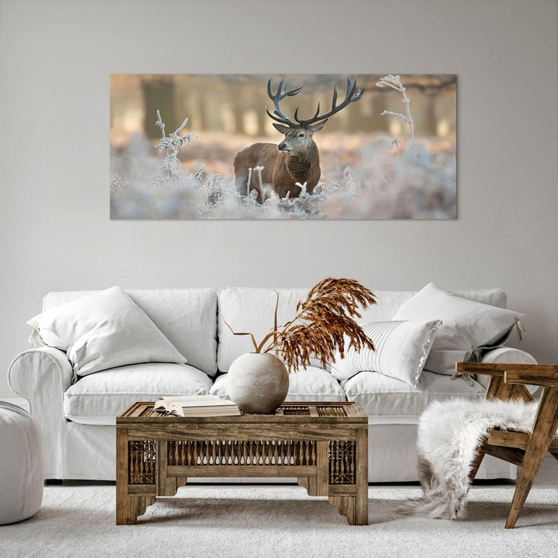 Wandbilder Dekoration Wohnzimmer Hirsch Wald Natur Panorama Bilder auf Leinwand 120x50cm Leinwandbil