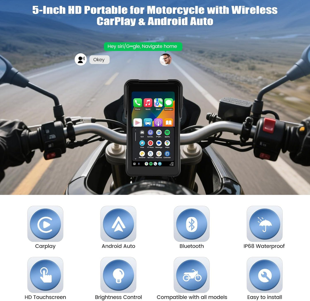 SIXWIN Carplay Motorrad Display für Moto mit Wireless Carpla/Android Auto, 5'' HD Touchscreen Bildsc