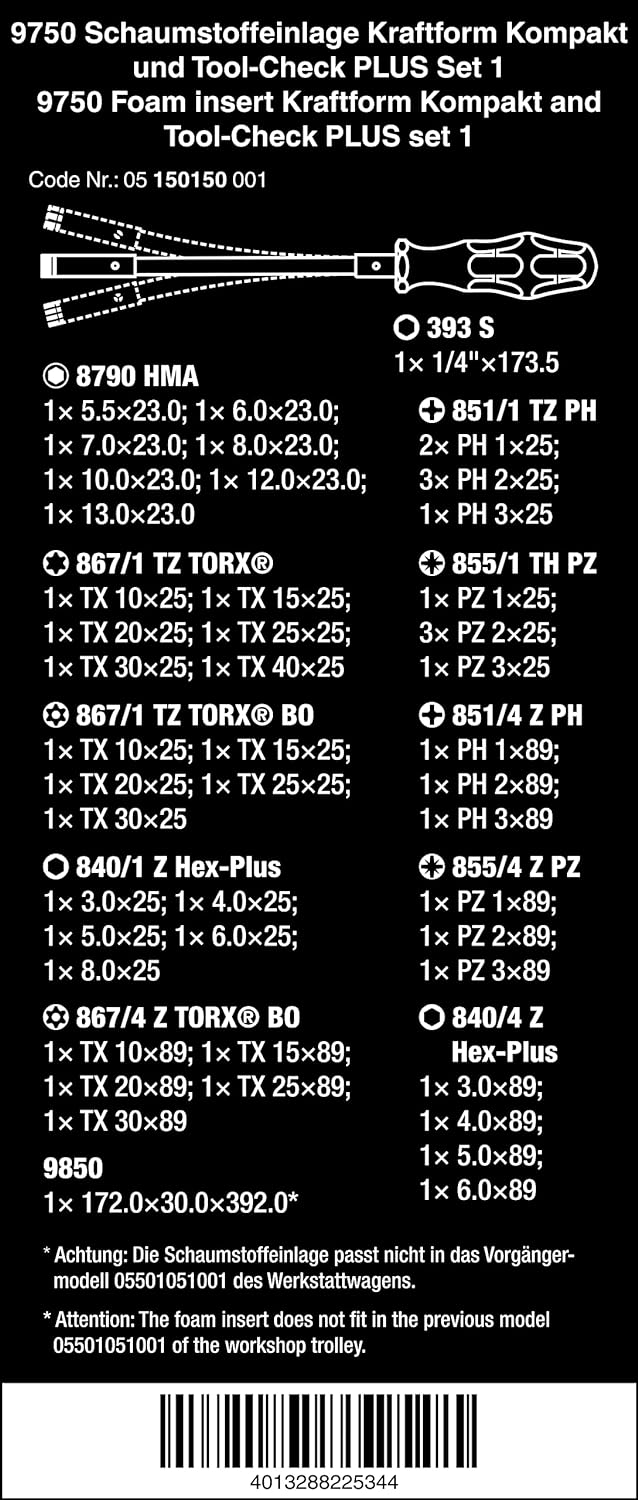Wera 05150150001 9750 Schaumstoffeinlage, Kraftform Kompakt und Tool-Check PLUS Set 1, 57-teilig 975