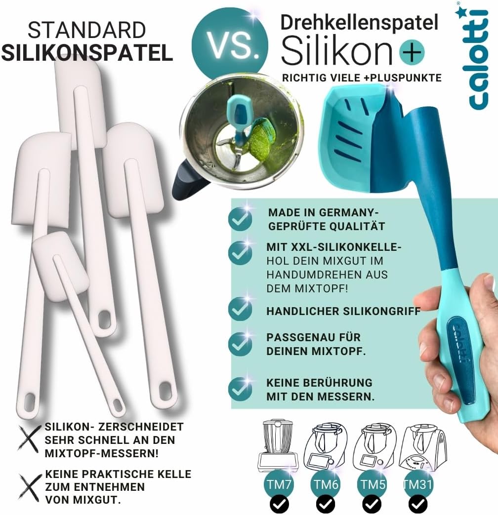 Calotti® Drehkellenspatel Silikon +, für Thermomix® TM6®,TM5® und TM31®. Einfaches Aufnehmen von Mix