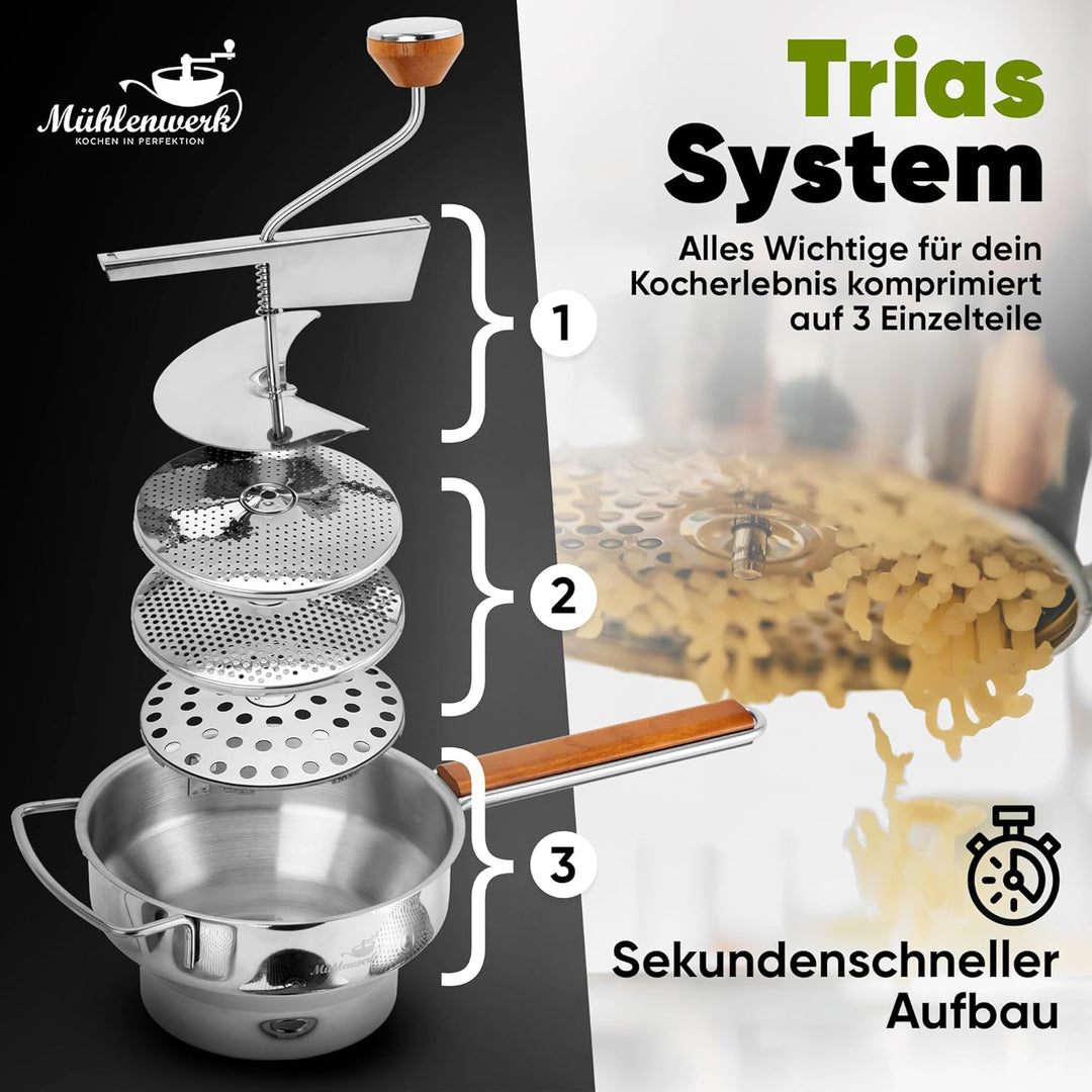 𝐌Ü𝐇𝐋𝐄𝐍𝐖𝐄𝐑𝐊 Passiermühle Edelstahl inkl. 3 Passiersieb-Einlagen [naturreines Eichenholz] 2,3 L Füllvo
