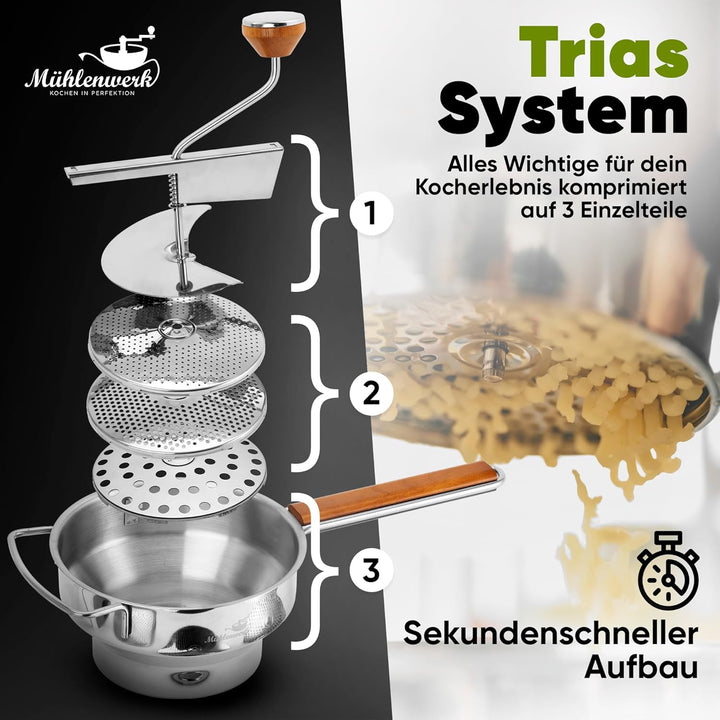 𝐌Ü𝐇𝐋𝐄𝐍𝐖𝐄𝐑𝐊 Passiermühle Edelstahl inkl. 3 Passiersieb-Einlagen [naturreines Eichenholz] 2,3 L Füllvo