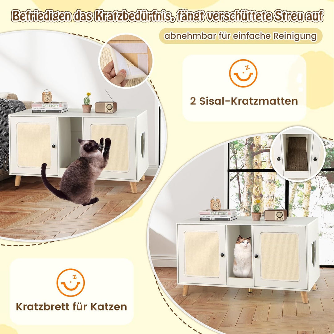 COSTWAY Katzenschrank für Katzentoilette, Katzenklo Schrank mit 2 Türen &amp; Kratzbrett &amp; 2 Sisal-Kratz