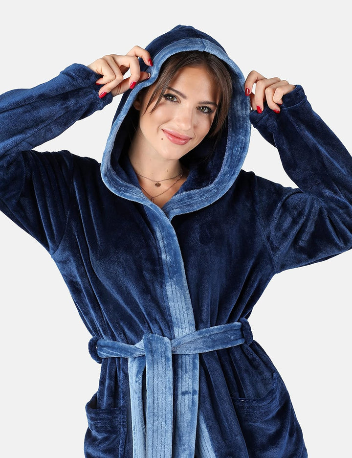Damen Bademantel lang mit Kapuze und Gürtel BLV50-168, Dunkelblau / Blau