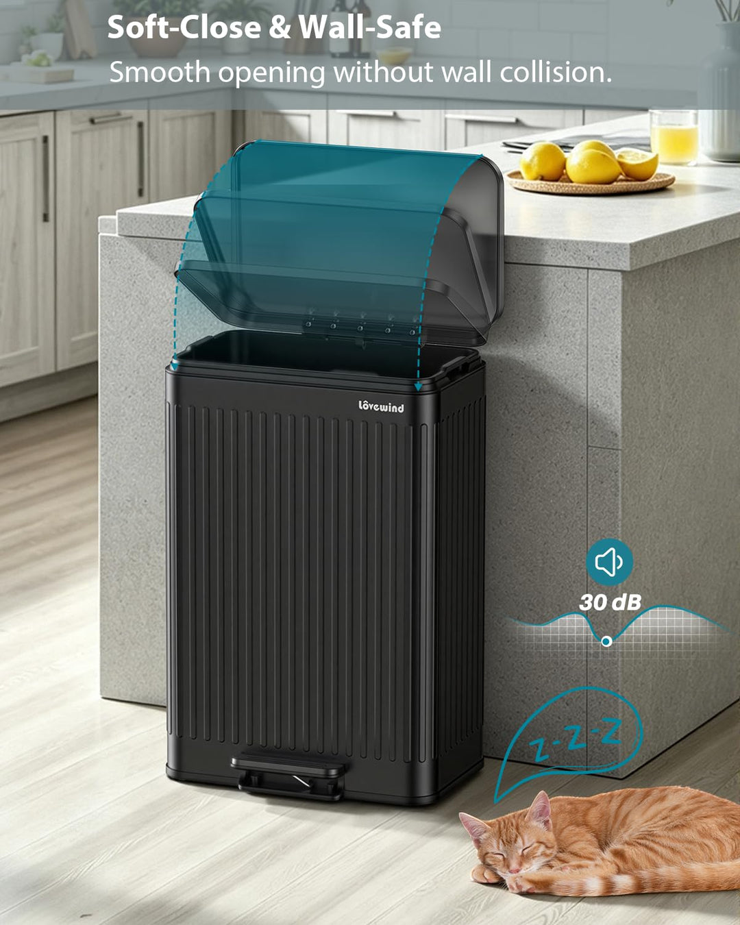 lovewind 60L Mülleimer Küche Edelstahl Schwarz, Pedal-Behälter mit Soft-Close Deckel, 2 herausnehmba