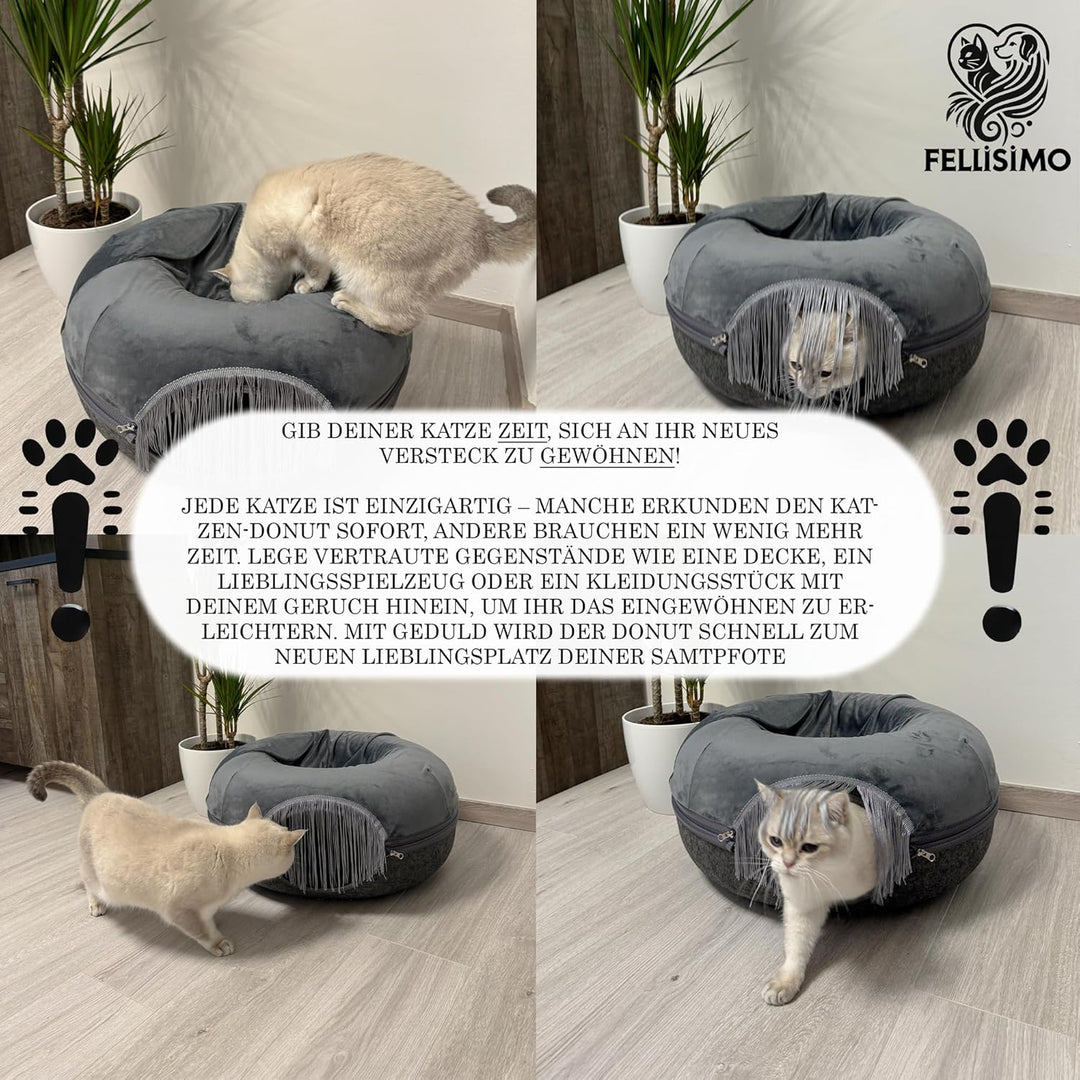 Katzenhöhle mit Flauschigen Kuschelbett | Anti-Slip Unterfläche | Atmungsaktiv | Katzentunnel aus Fi
