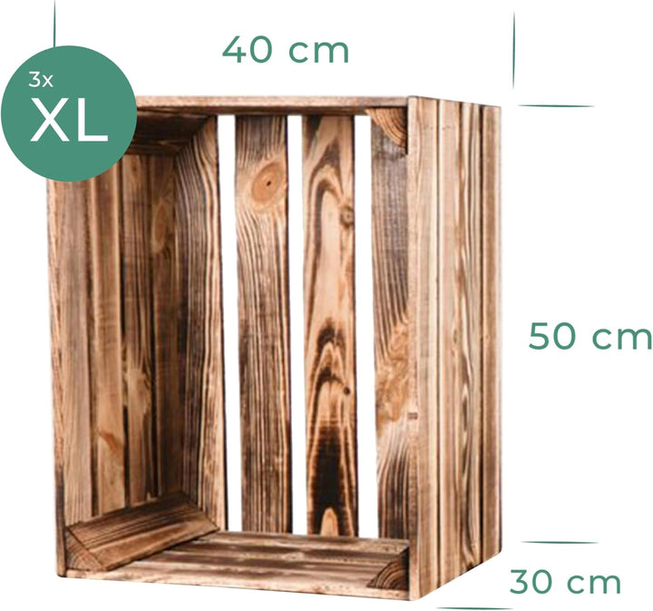 LAUBLUST Vintage Holzkisten 3er Set Geflammt - ca. 50x40x30cm | Weinkisten &amp; Obstkisten | Deko- &amp; Mö