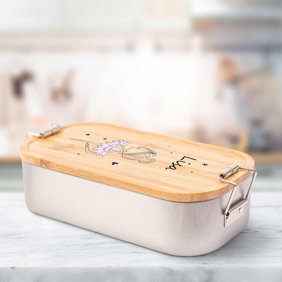GRAVURZEILE Brotdose aus Edelstahl mit bedrucktem Bambusholzdeckel - Lunchbox mit Ballerina Motiv -