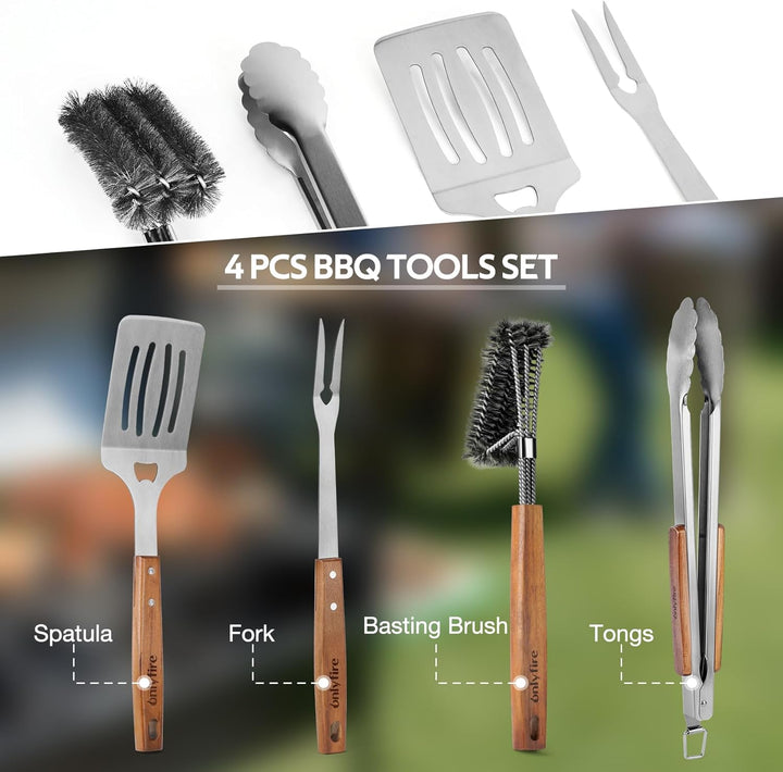 onlyfire Grillbesteck Set 4-TLG, Grill Zubehör Set Enthält Grillzange, Grillwender, Fleischgabel und